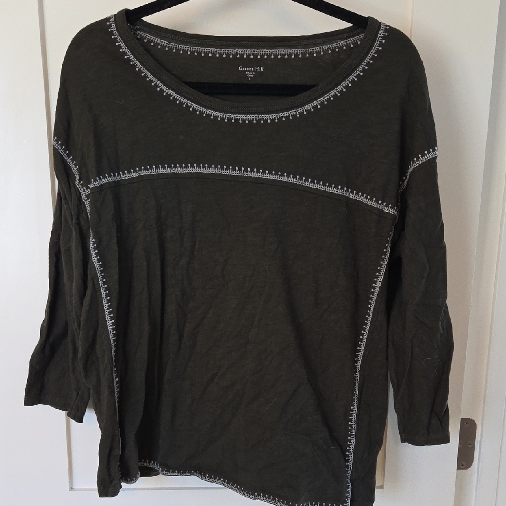 Garnet Hill Olive Long Sleeve Top with White Stitching